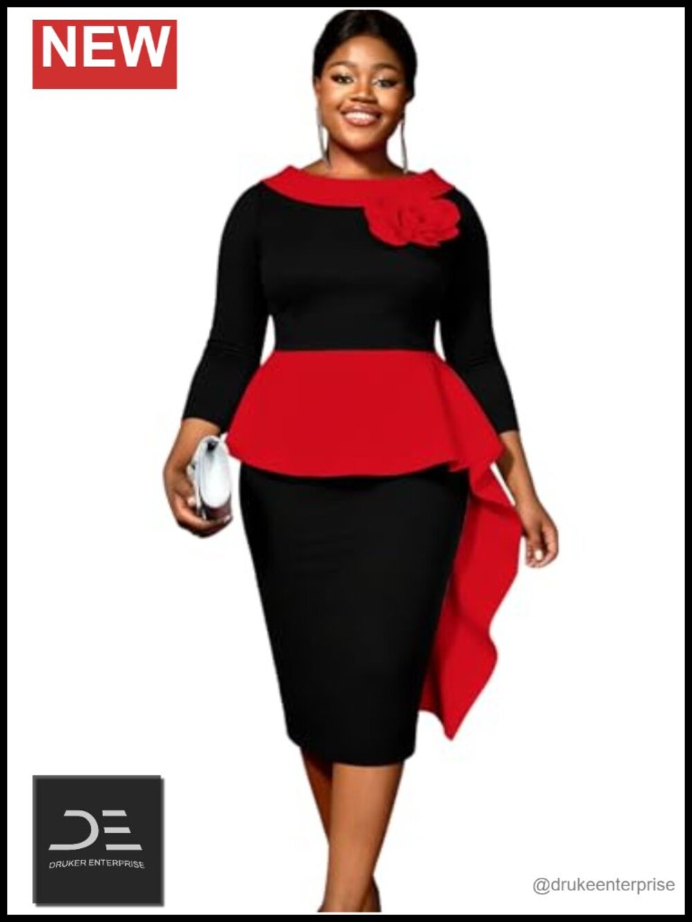 Plus Size Peplum Dress 3/4 Sleeve Contrast Color Sheath Formal Office